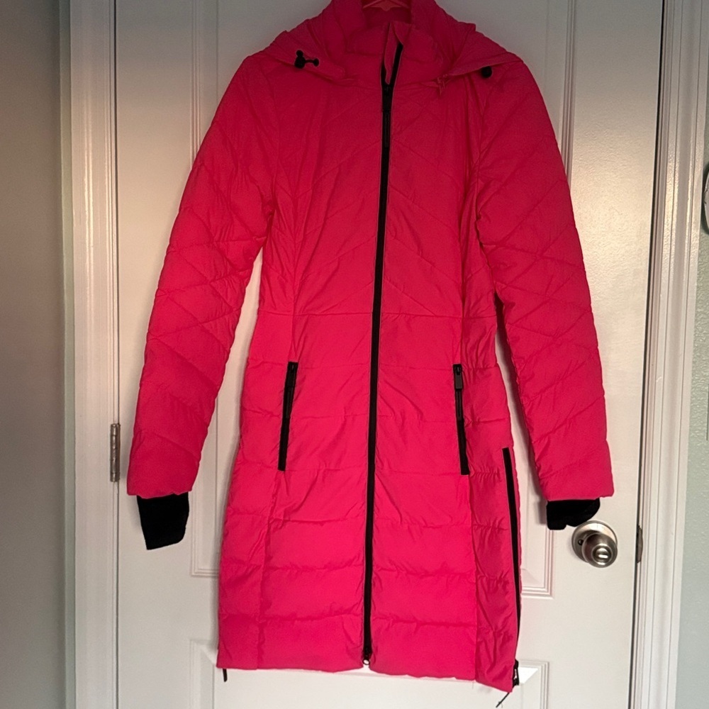 M&S ACTIVE Bright Pink Puffer Jacket Pink Long Puffer Coat With Detachable Hood - Picture 2 of 16